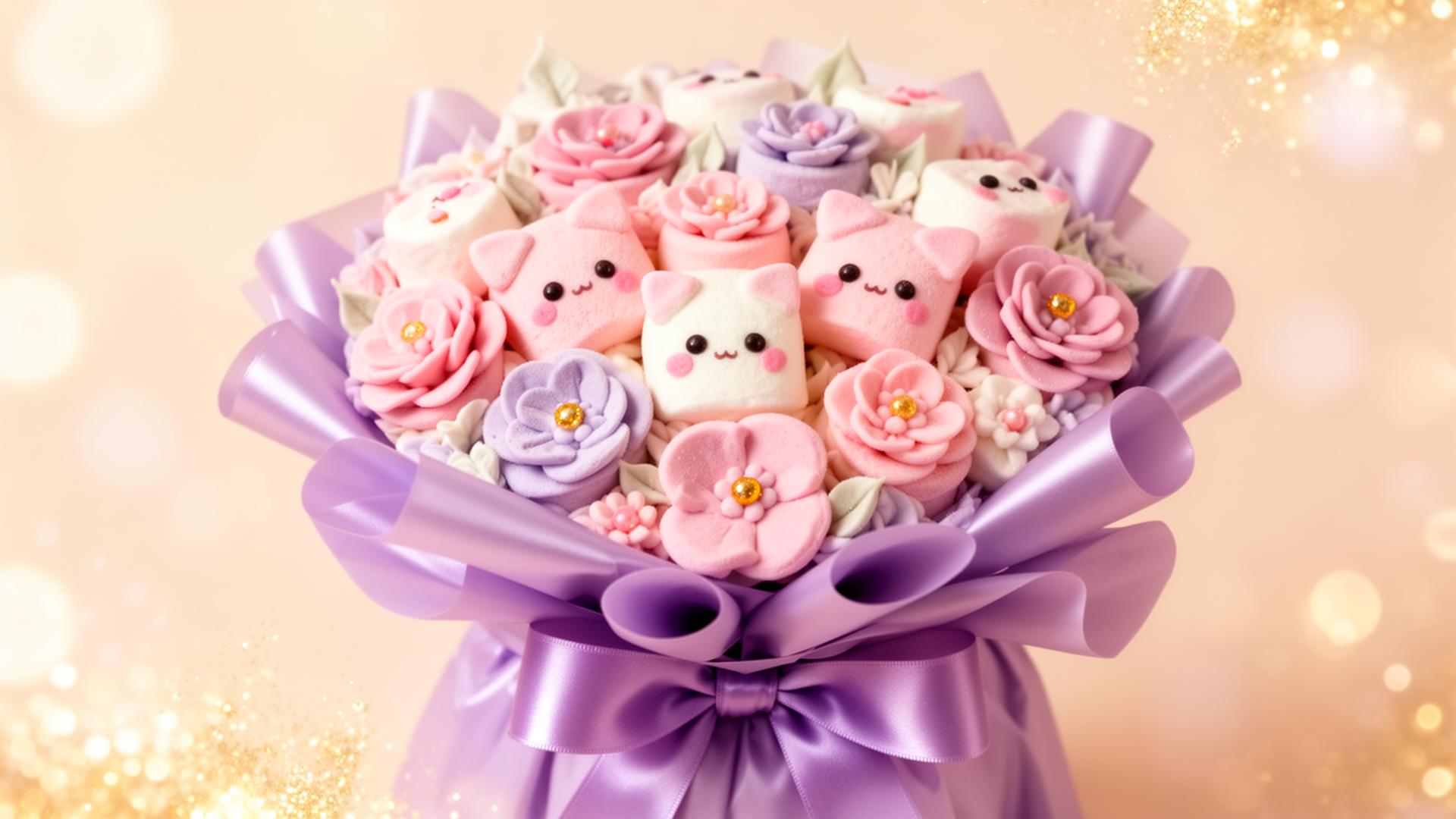 Bouquet de flores comestibles y marshmallows kawaii pastel